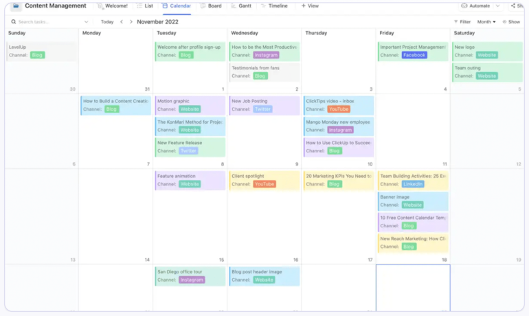 A ClickUp calendar template that’s filled with different types of content to be scheduled, using colors and tags to keep things organized. 